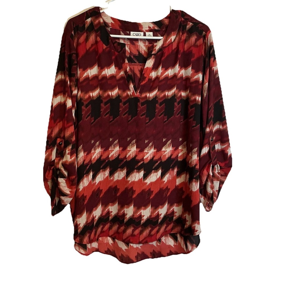 Cato Top Blouse Women's - Size XL - Dark Red Wine V-Neck 3/4‎ Roll Tab Sleeve